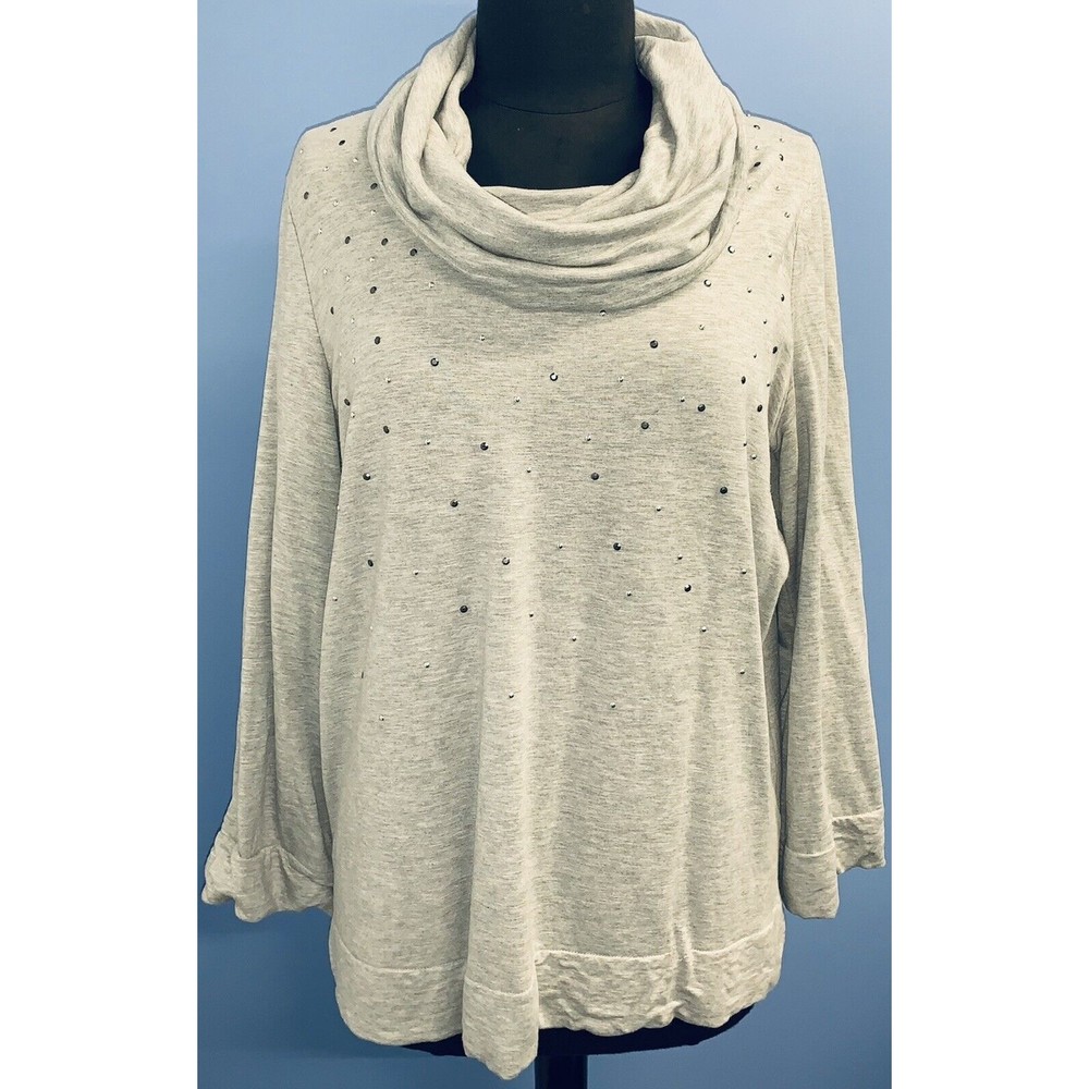 RAFAELLA WEEKEND M Medium Gray Embellished Turtleneck 3/4 Sleeve Sweatshirt EUC